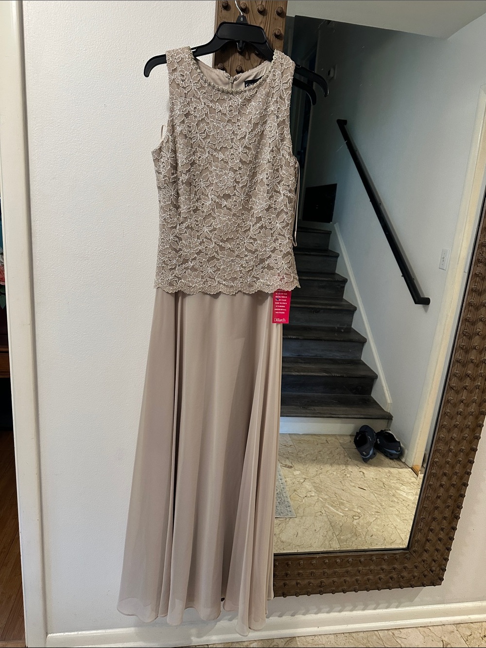 Sleeveless Lace-Overlay Maxi Dress in Taupe